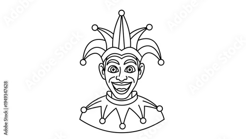 Black and white line drawing of a smiling jester character wearing a traditional three pointed hat with bells.