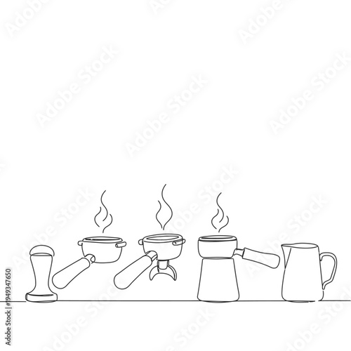 Continuous line drawing of various coffee brewing equipment