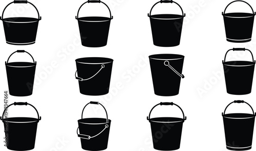 Bucket pail container icon set with metal and plastic water buckets household cleaning container silhouettes vector collection for construction gardening and utility