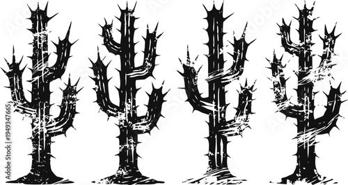 Set of four black and white grunge cactuses with sharp spines and rugged texture illustrations