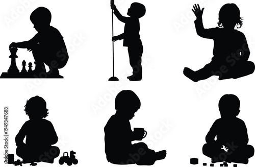 Toddler and child silhouette collection featuring kids playing chess, waving, and using toys for early childhood development and education concepts. (Exactly 20 words)