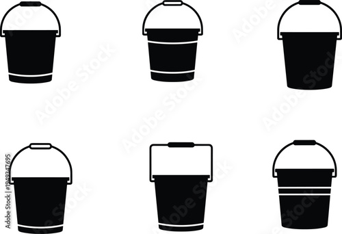 Bucket silhouette collection with different plastic and metal bucket designs for cleaning, construction and household use isolated in black vector style on light background