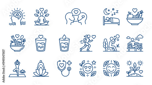 心身の健康に関するアイコンセット　ウェルビーイング・ウェルネス（線幅変更可能）