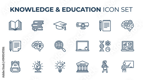 知識に関するアイコンセット　教育・勉強など（線幅変更可能）