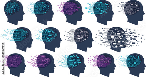 Artificial intelligence vector set featuring human head silhouettes with digital circuit boards neural networks and data processing icons for technology and cybernetics.