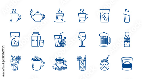 飲み物に関するアイコンセット（線幅変更可能）