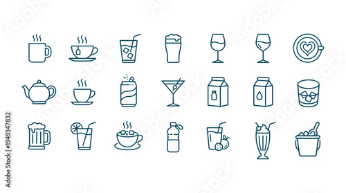 飲み物に関するアイコンセット（線幅変更可能）