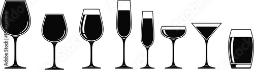 Different types of drinking glasses wine champagne martini tumbler coupe illustration black white silhouette beverage container design collection flat vector