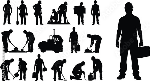 Construction worker silhouette set featuring laborers with tools, road rollers, and building industry professionals for architectural projects and maintenance service icons. (Exactly 20 words)