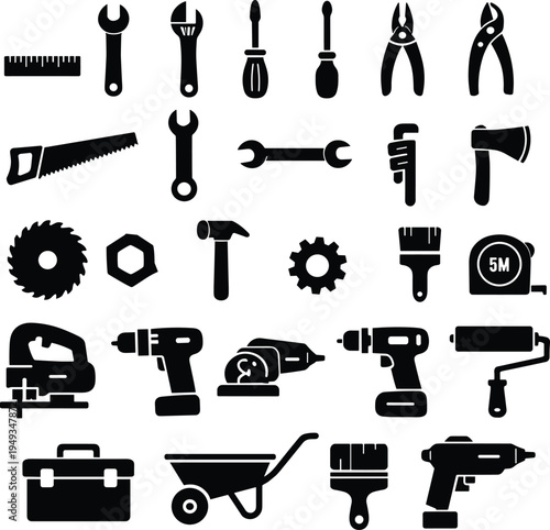Construction and repair tools icon set including hammer wrench screwdriver drill saw pliers gear and toolbox silhouettes isolated vector symbols for industrial handyman work