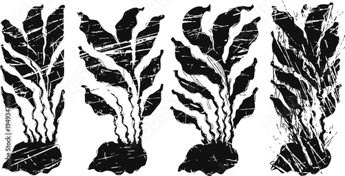 grunge seaweed silhouettes set with distressed texture for nautical and marine design