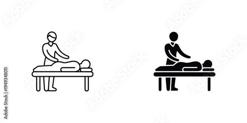 Physical therapy session vector icons, therapist helping patient on table, isolated on white, rehabilitation and mobility therapy, healthcare and wellness concept.