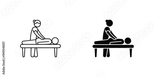 Physical therapy session vector icons, therapist helping patient on table, isolated on white, rehabilitation and mobility therapy, healthcare and wellness concept.