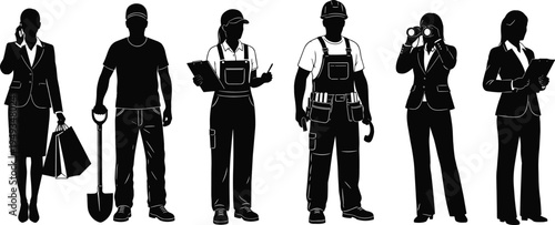 Set of diverse professional worker silhouettes including construction workers, business executives, manual laborers, and female professionals on a white background. (Exactly 20 words)