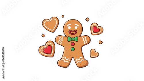 Cute gingerbread man cookie surrounded by sweet heart shaped biscuits with red icing on a clean white background.