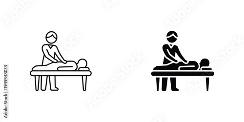 Physical therapy session vector icons, therapist helping patient on table, isolated on white, rehabilitation and mobility therapy, healthcare and wellness concept.