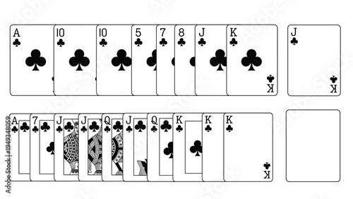 Large set of playing cards from the clubs suit including numbered cards and face cards like jack, queen, and king arranged in organized horizontal rows.