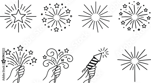 Fireworks sparkler and celebration burst icon set with star explosions party sparkles festive pyrotechnics outline vector symbols for holiday events