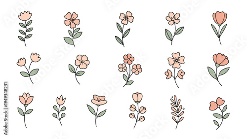 Set of fifteen diverse small pink flower illustrations with green leaves and stems arranged in a grid for botanical and decorative pattern design.