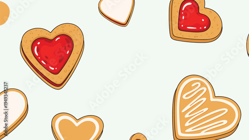 Delicious pattern of heart shaped gingerbread and jam cookies scattered across a light green background surface.