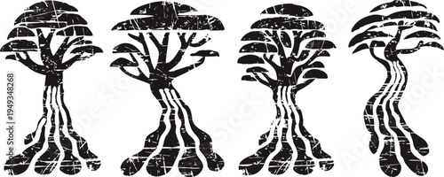 Stylized abstract black tree symbols with roots, curved trunks, and leafy canopies in artistic design