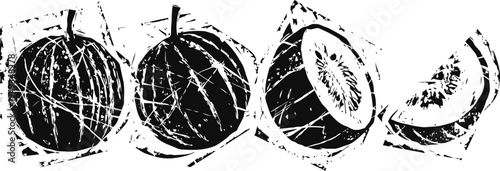 watermelon fruit slices showing inside red juicy flesh and seeds with green rind outdoor