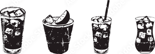 Four different cocktails with ice cubes and fruit garnish in various glassware