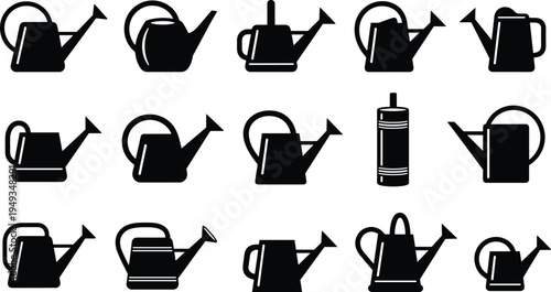 Garden watering can silhouette collection with various watering can designs for gardening, irrigation and plant care icons in black vector style isolated background