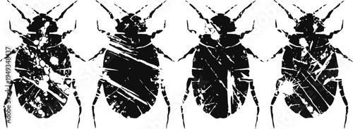 Four black illustrated bed bugs in various positions isolated on white background