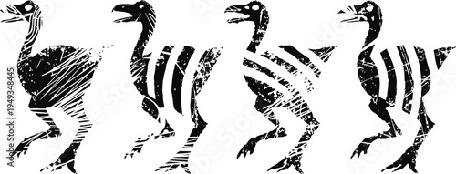 four black and white dinosaur silhouettes in walking motion with sketch texture