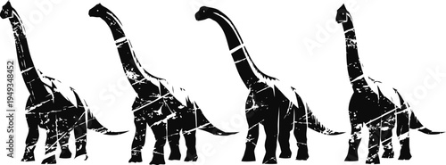 silhouette of four diplodocus dinosaurs with long necks in black and white