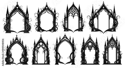 Gothic Arch Frames with Ornate Swirling Vines and Spires Collection