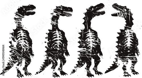 Dinosaur skeleton silhouettes in grunge style, four side views of t rex fossil illustrations