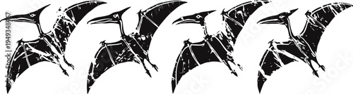 black pterodactyl silhouettes flying in formation with cracked texture on white background