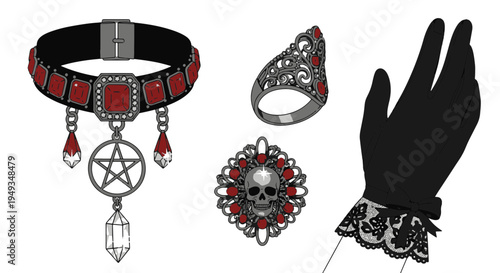 Gothic Victorian Choker Ring Pendant and Glove with Red Gems and Skull