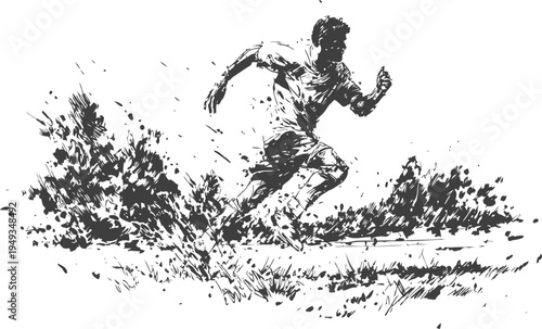 dynamic runner sprinting through grass in energetic black ink sketch