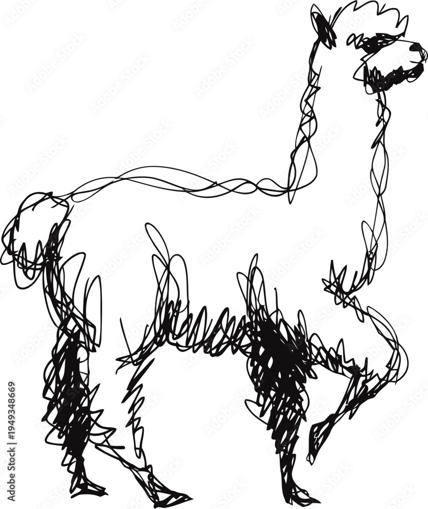 Fototapeta premium Abstract continuous line drawing of a standing llama with textured scribble