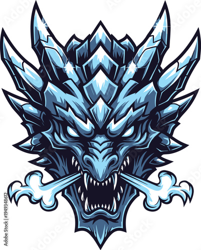 The frozen face of an ice dragon mascot exhibits sharp crystal formations and exhales frosty vapor.