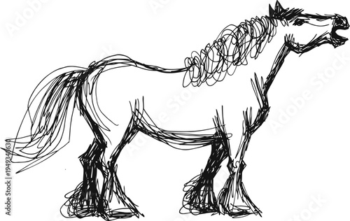 sketch of a standing horse with flowing mane and tail in expressive scribble