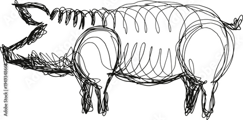 abstract pig illustration drawn with black scribble lines, artistic farm animal sketch