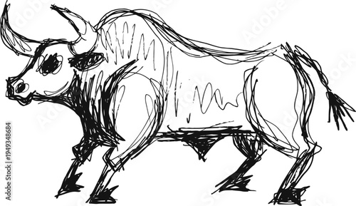 Hand drawn angry bull illustration with muscular body and fierce expression in black ink sketch
