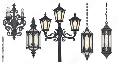 Victorian Gothic Lanterns and Lamp Post Set Ornate Design