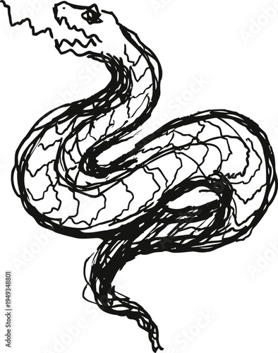 Hand drawn sketch of a coiled snake with open mouth and detailed scales