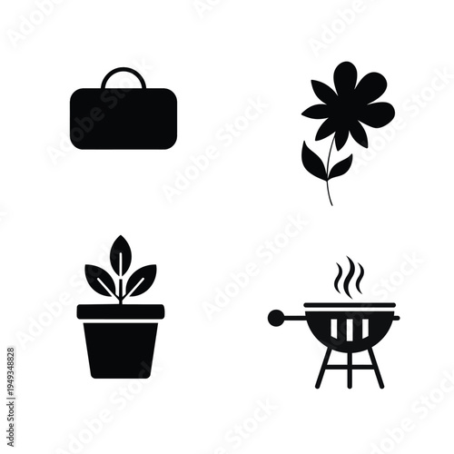 Four black of various on white briefcase flower plant grill barbecue