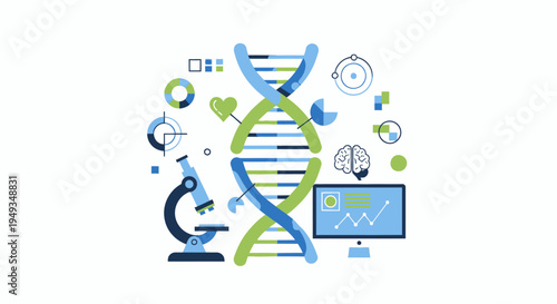 Genetics, Biotechnology & Medical Research Concept with DNA, Lab Tools, Brain, and Data Analysis Icons