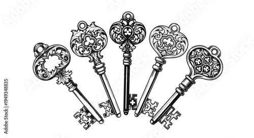 Antique Victorian Gothic Skeleton Keys Collection Ornate Designs Detailed Engravings