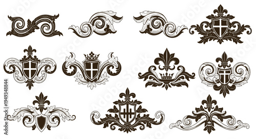 Antique Victorian Gothic Emblems Shields Crests Flourishes Ornaments