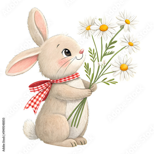 Cute bunny holding a bouquet of white daisy flowers looking up happy and content