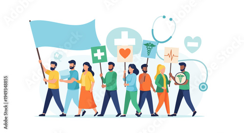 Diverse Group Marching with Medical Symbols & Blank Banner - Healthcare Advocacy, Community Support & Public Health Protest Vector