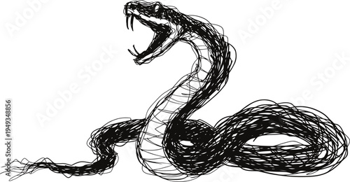 Aggressive snake sketch with open mouth and visible fangs in dynamic coiled posture